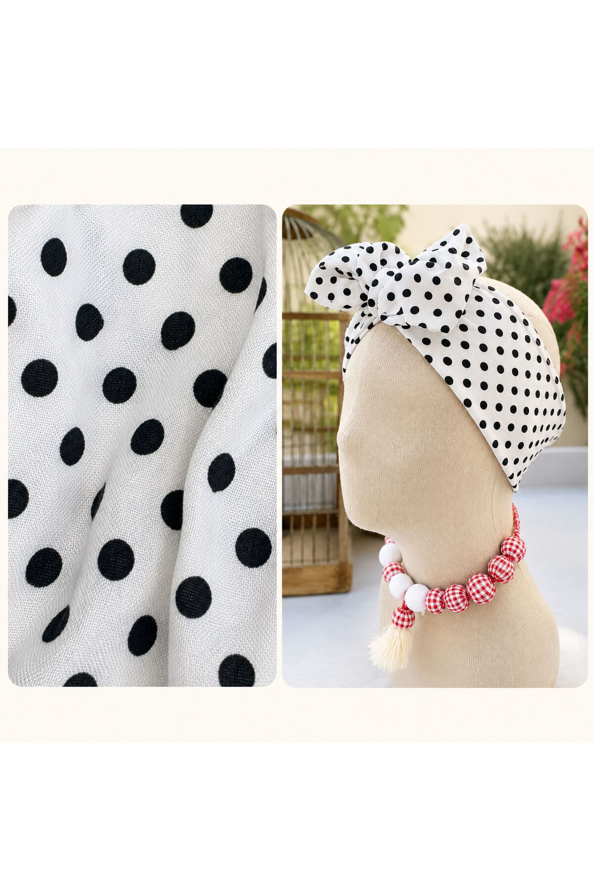 Siyah Beyaz Puantiyeli Telli Bandana – Ayarlanabilir Telli Saç Bandı, Şekil Verilebilir Wire Headband, Retro Pin Up & Bohem Saç Aksesuarı