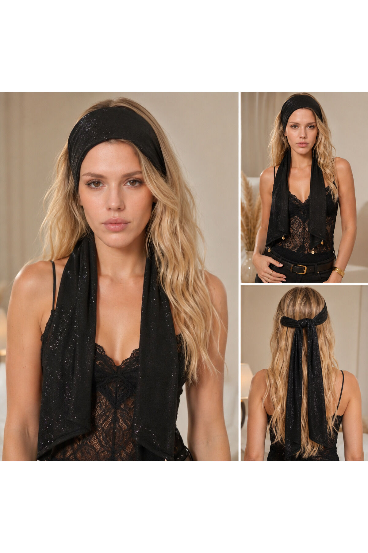 Siyah Simli Uzun bandana | simli uzun eşarp Bağlamalı Kadın Bandana | Işıltılı Kumaş Şık Saç Aksesuarı