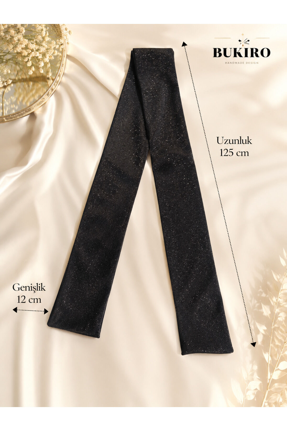 Siyah Simli Uzun bandana | simli uzun eşarp Bağlamalı Kadın Bandana | Işıltılı Kumaş Şık Saç Aksesuarı