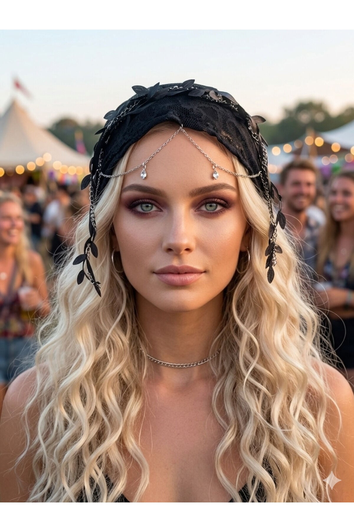 Tasarım Dantelli Bandana Dantel zincir detaylı saç bandı dantelli fular festival bandana