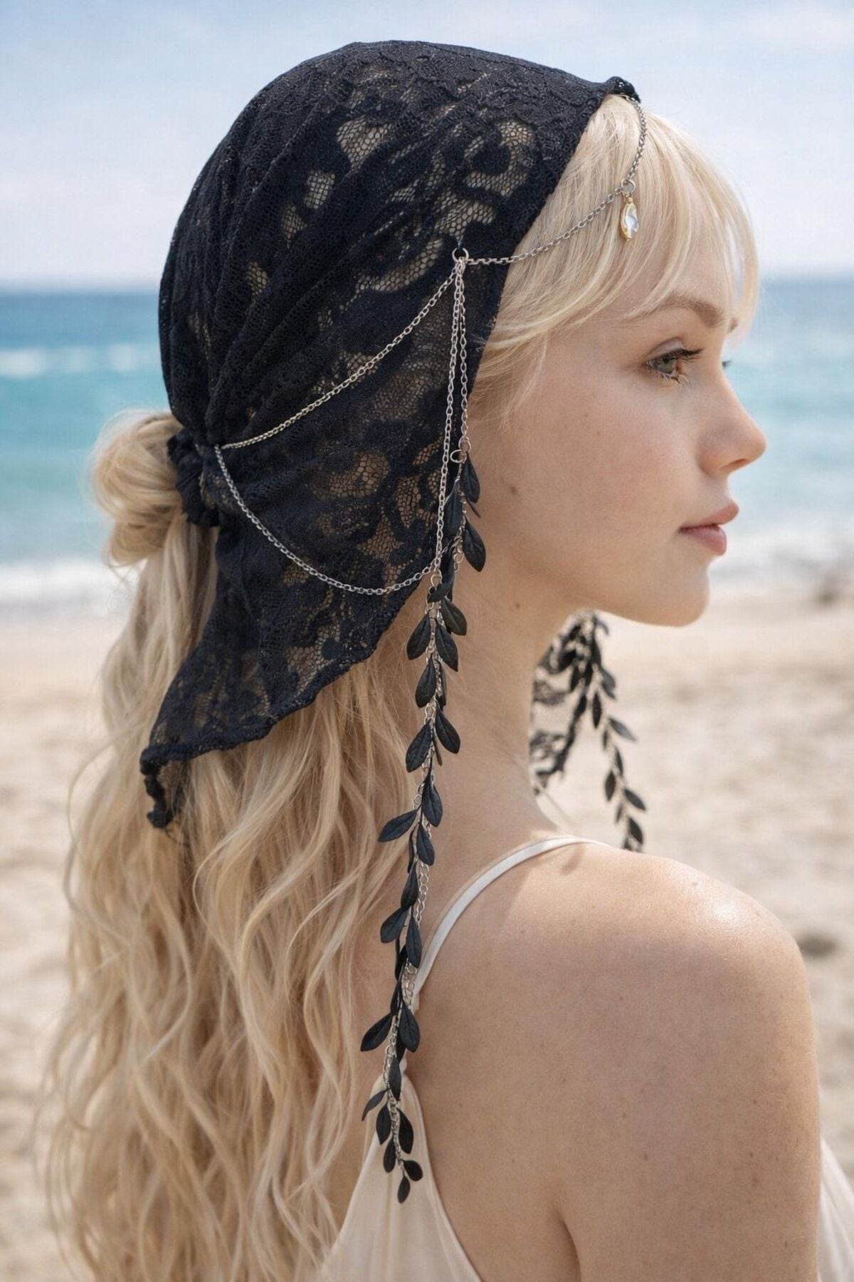 Tasarım Dantelli Bandana Dantel zincir detaylı saç bandı dantelli fular festival bandana