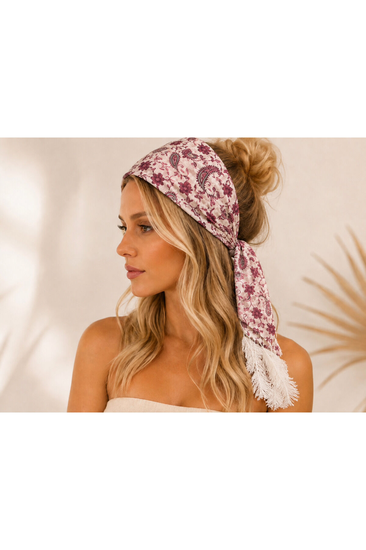 Tüy püskül detaylı Şal Desenli Fular Bandana – Ayarlanabilir Aparatlı Kadın Saç Bandı, Püsküllü Eşarp Model Saç Aksesuarı, Bohem Yazlık Bandana etnik saç bandı