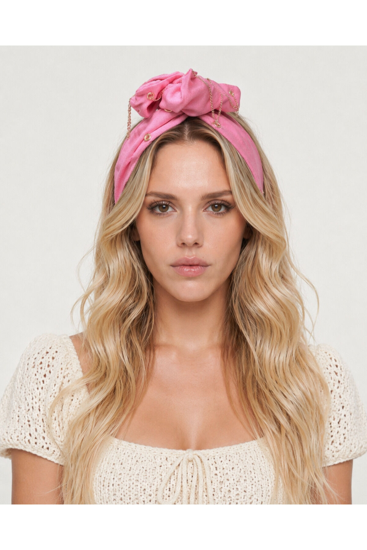 Zımba detaylı telli bandana zincir saç bandı tasarım delikli zincirli telli bandana
